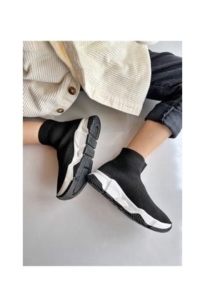 Çocuk Unisex Siyah Beyaz Triko Streç Çorap Spor Ayakkabı Snekaer 1210