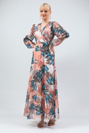 Somon Kadın Kruvaze Yaka Iç Astarlı Desenli Uzun Şifon Elbise P-038920