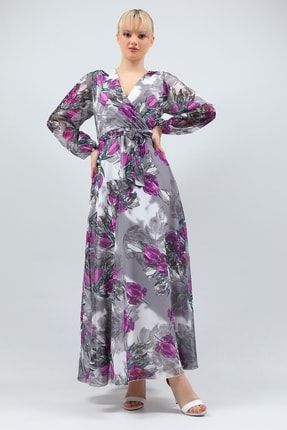 Koyugri Kadın Kruvaze Yaka İç Astarlı Desenli Uzun Şifon Elbise P-038920