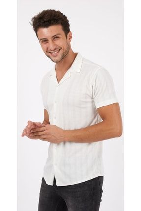 Erkek Beyaz Desenli Pamuklu Yazlık Kısa Kollu Gömlek ETTE2561