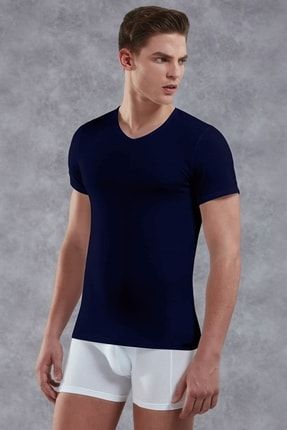 Erkek Lacivert Modal V Yaka Kısa Kol T Shirt Çetiner-2855