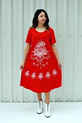 Kadın Nar Çiçeği Kısa Kollu Çiçek Baskılı Çan Etek Elbise MGSKKELB02