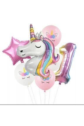 7 Parça Dev Unicorn 1 Yaş Harf Yıldızlı Folyo Balon Seti Doğumgünü Yaşgünü balon593
