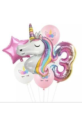 7 Parça Dev Unicorn 3 Yaş Harf Yıldızlı Folyo Balon Seti Doğumgünü Yaşgünü balon595
