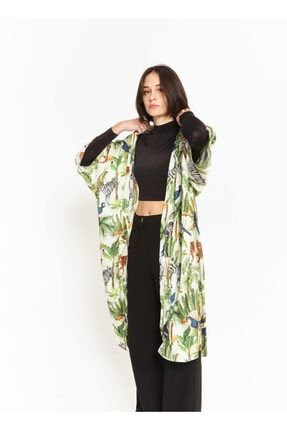 Kadın Yeşil Orman Hayvanları Jungle Figürlü Belden Kuşaklı Kimono Sabahlık Çok Amaçlı Üst Giyim KMNJUNGYEŞ-01