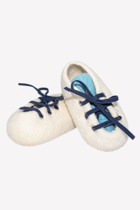 Saf Yünden Keçe Mavi Beyaz Bebek Ayakkabısı-hand Made BUDAW21-BSH03BW