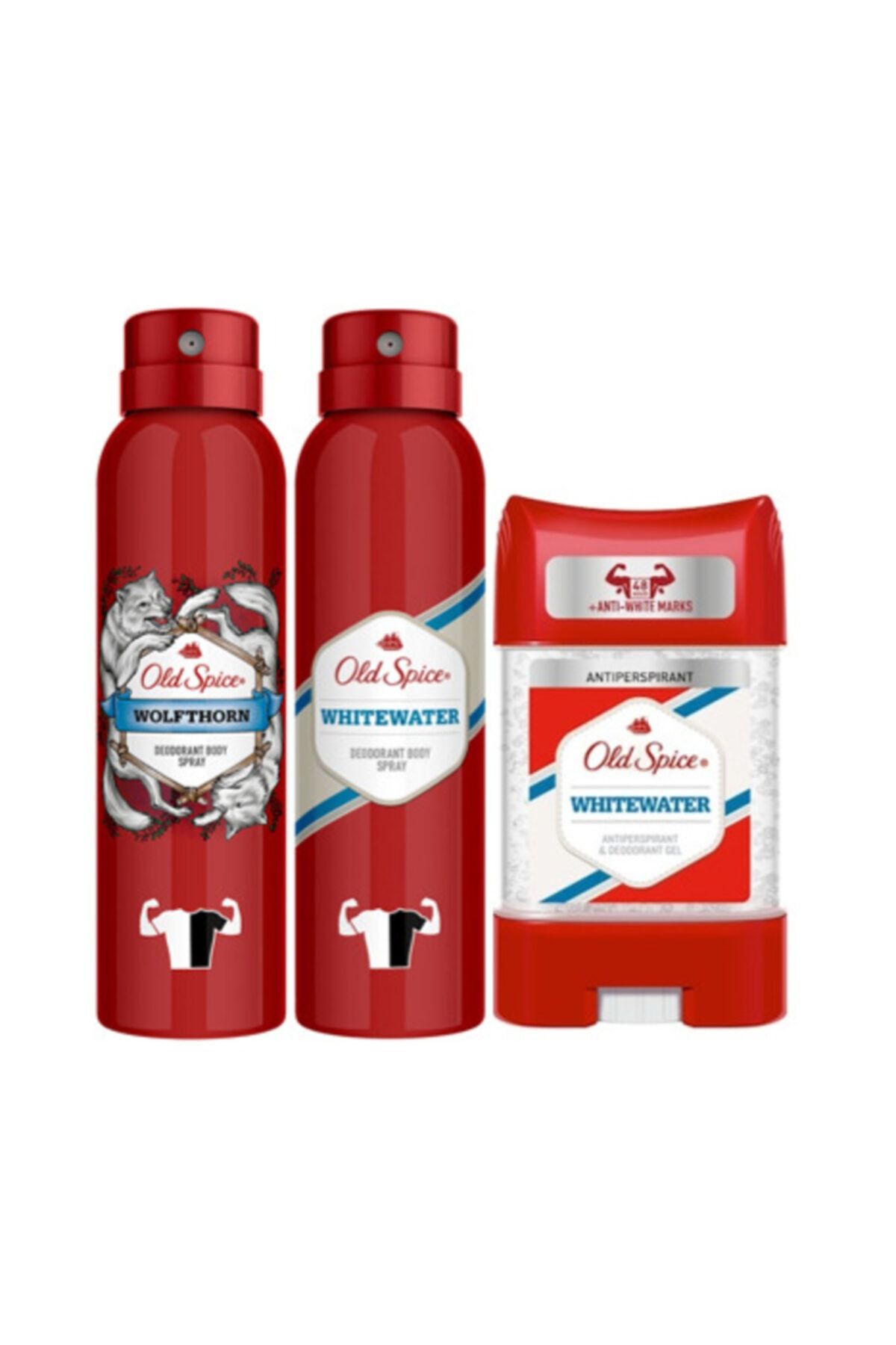 ست - دئودورانت Wolfthorn 150 میلی لیتر + دئودورانت Whitewater 150m + Whitewater Clear Gel 70 ml Old Spice