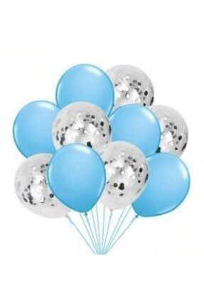 Gümüş Konfetili Şeffaf Balon Metalik Mavi Balon Seti 10 Adet DNZ 1852
