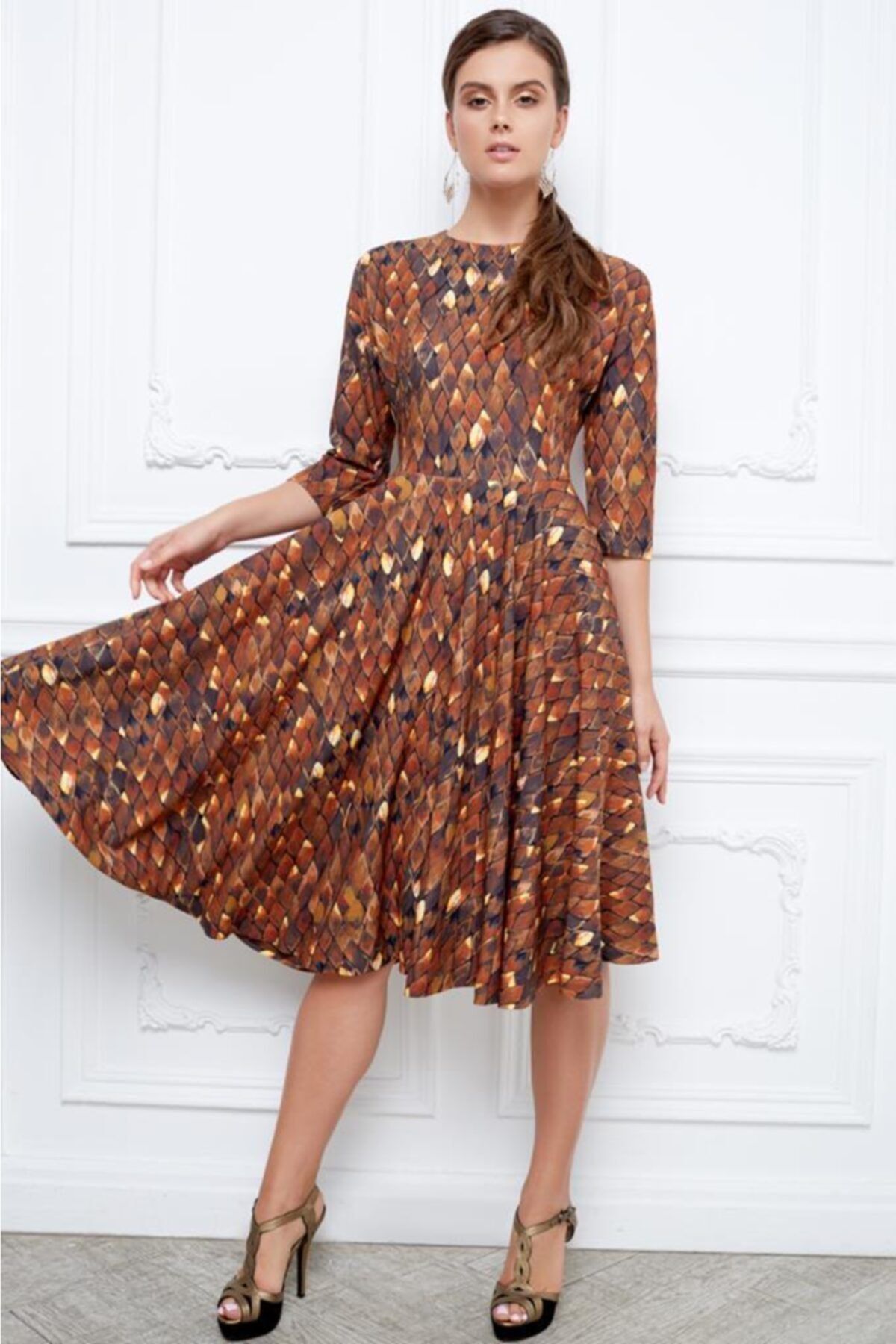 Faberlic-Brown Firebird Print Long Dress Size 46 2