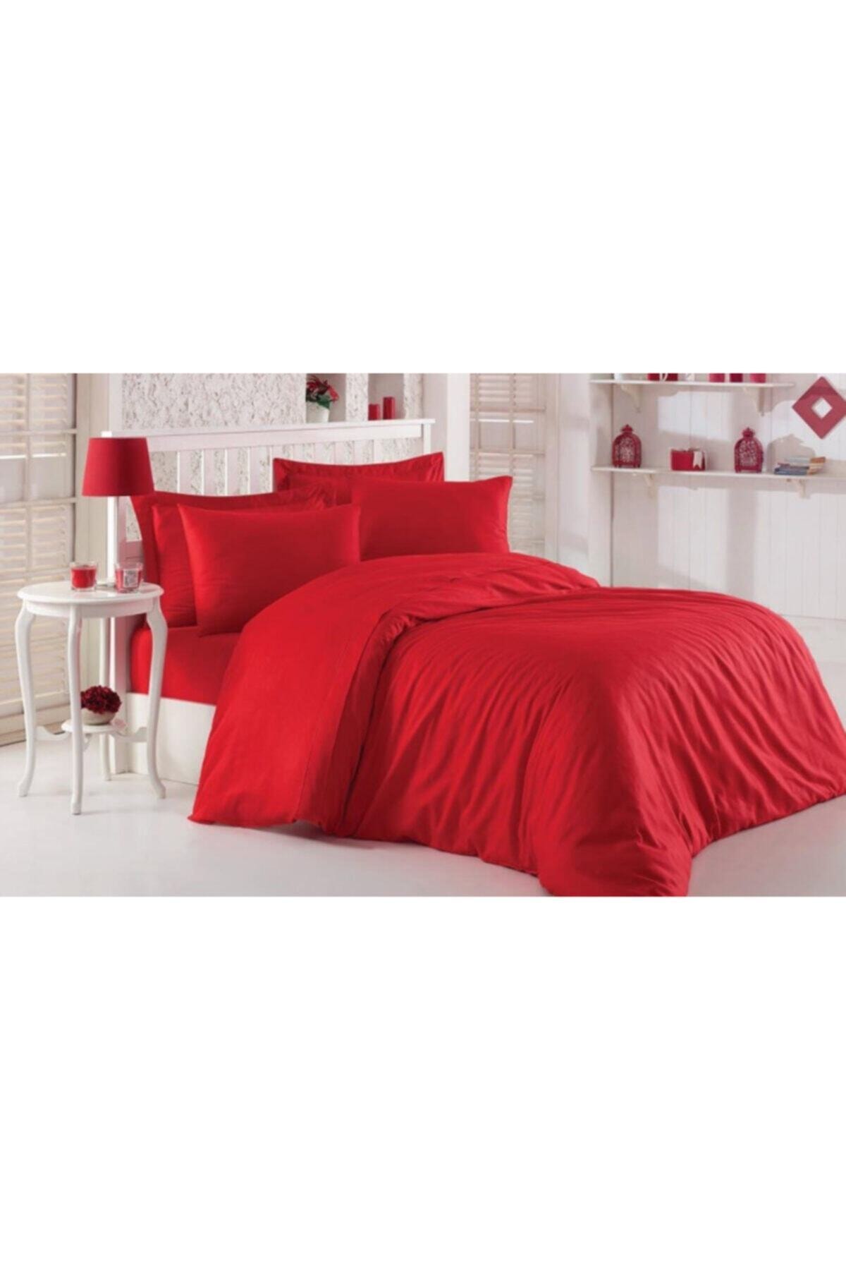 ERZAHOME Lastikli Çarşaflı Düz Kırmızı Çift Kişilik Battal Boy Pamuk Saten Nevresim Takımı