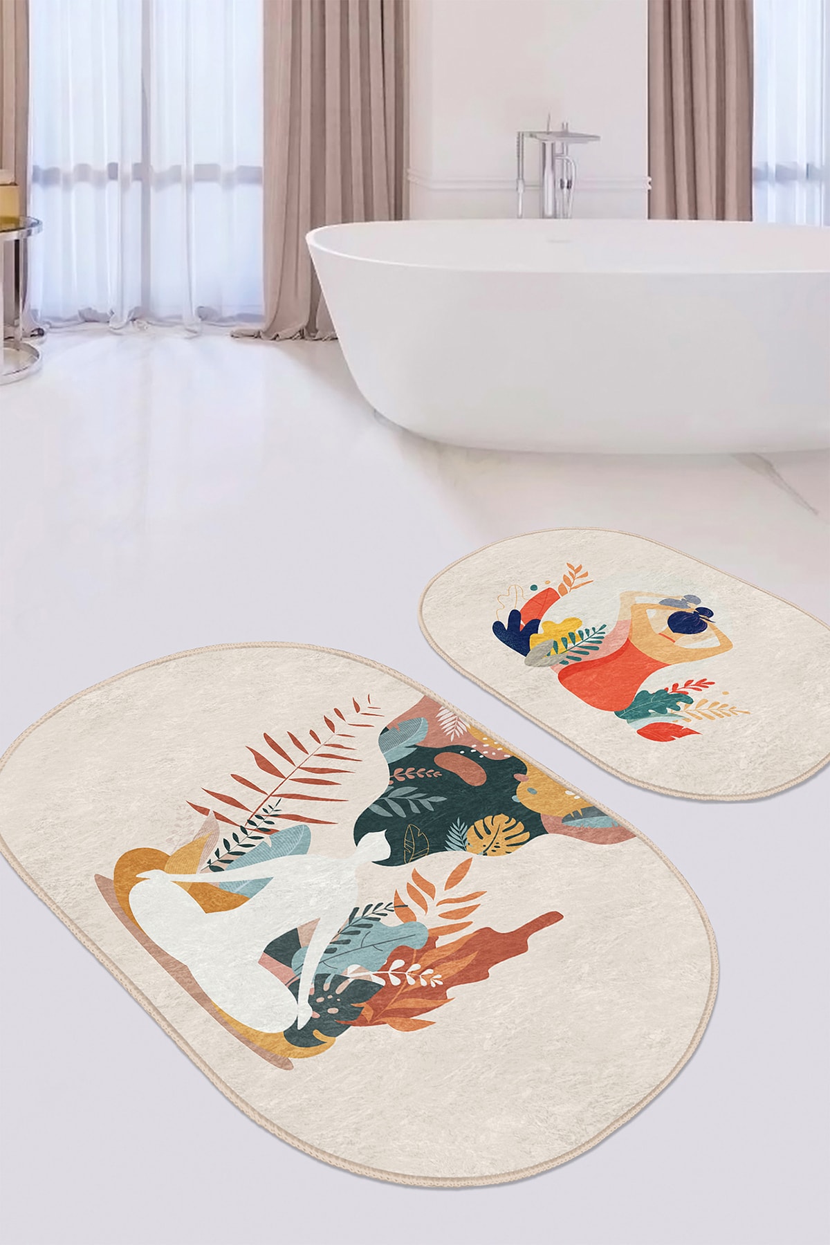 Realhomes Yoga Kadın Motifli Özel Tasarım 2'li Oval Mutfak Paspas Takımı &amp; Banyo Paspas Takımı OH10461
