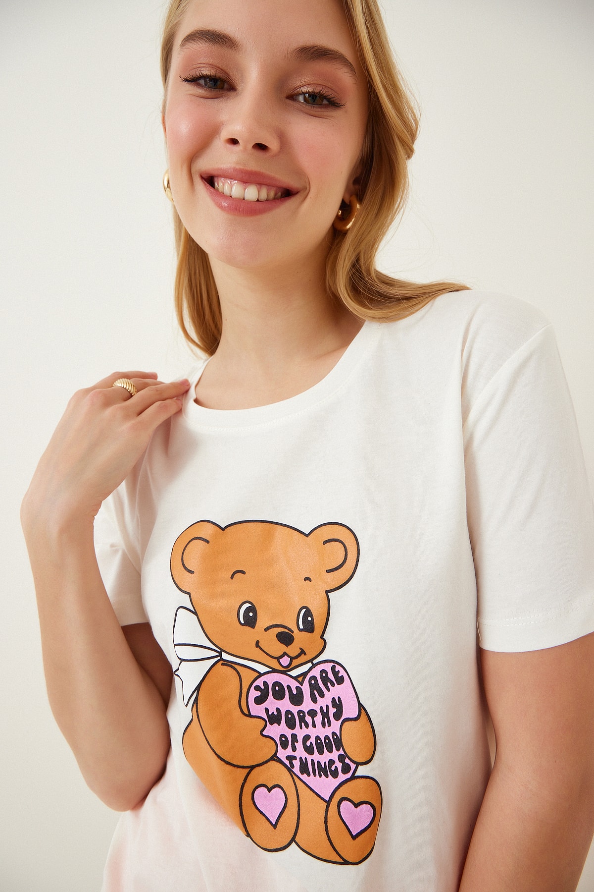 تیشرت زنانه بافتنی چاپ خرس عروسکی هپی‌نس استانبول Happiness (برند ترکیه)