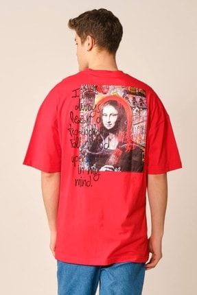 Kırmızı Mona Lisa Çerçeve Nakışlı Ve Baskılı Oversize Tshirt 4105