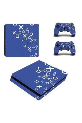 Mavi Arkaplan Beyaz Kol Düğmeleri Playstation 4 Slim Kasa Sticker Kaplama PS4EAKT257A