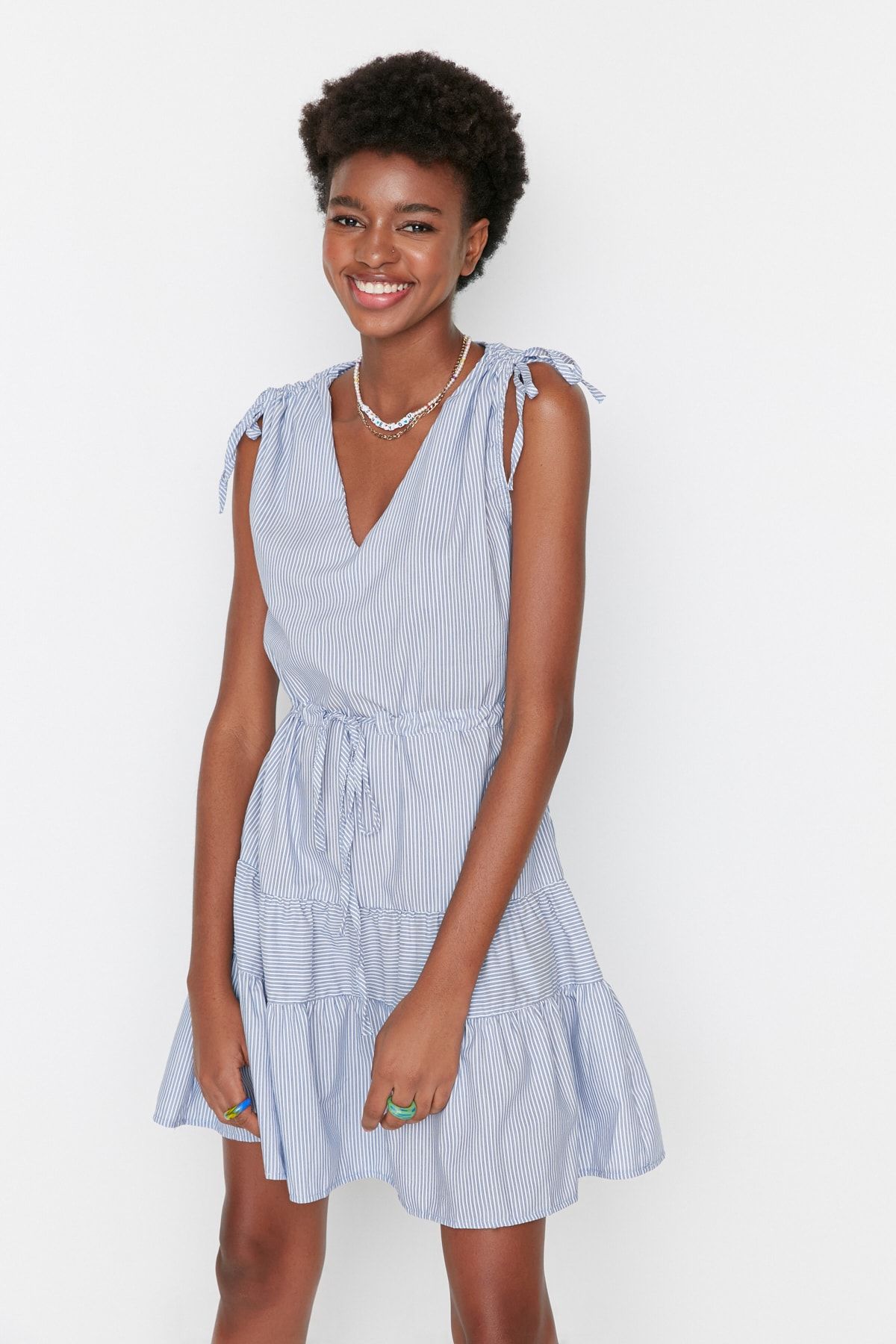 Blue and white striped mini dress clearance