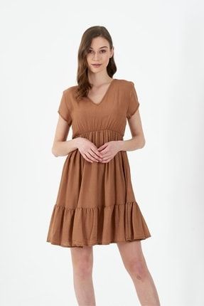 Kadın Kahverengi V Yaka Kısa Kol Rahat Kesim Mini Elbise PRA-5735258-372075