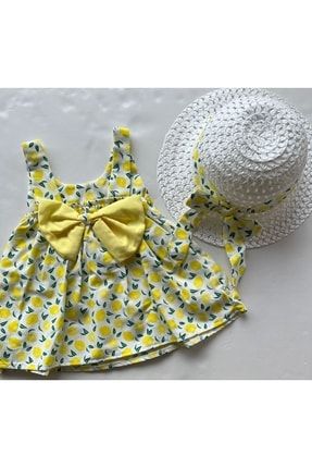 Limon Desenli Şapkalı Fiyonklu Bebek Elbisesi (9-24 Ay) 00256