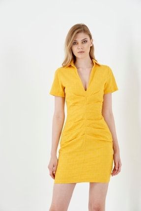Kadın Sarı Brode Gömlek Yakalı Çıtır Desen Mini Elbise MRT127