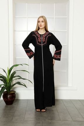 Kadın Siyah Şifon Detaylı Fermuarlı Düz Maxi Viskon Abaya Elbise 2021