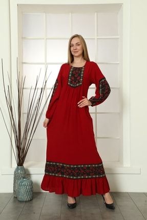 Kadın Kırmızı Şifon Detaylı Düz Maxi Viskon Elbise 2048