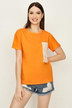 Kadın Turuncu Cep Detaylı Basic T-shirt SLC-TSH003