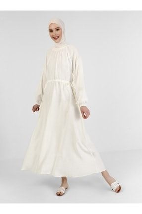 Balon Kol Beli Bağcıklı Elbise - Off White - 8161790