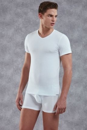 Erkek Beyaz Modal V Yaka Kısa Kol T Shirt Çetiner-2855