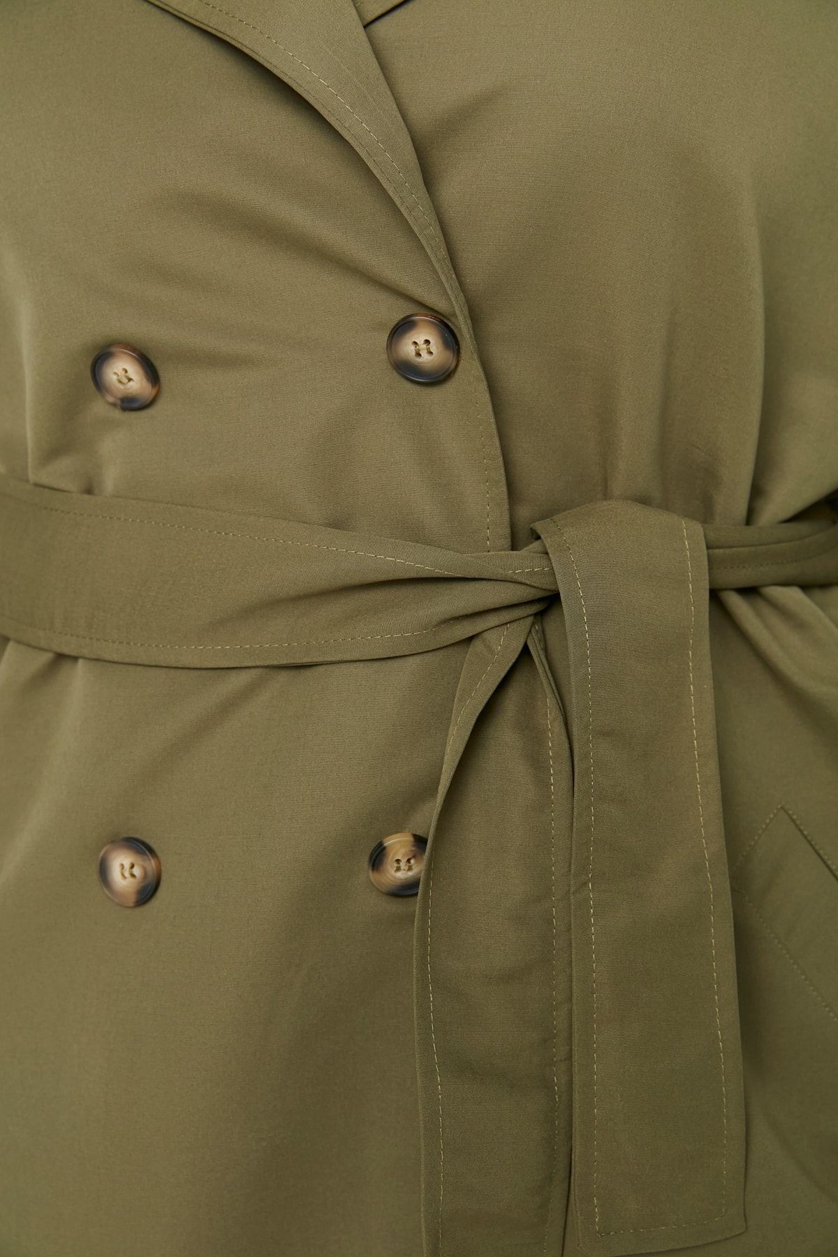 Trendyol Curve-Khaki Shoulder Epaulet Detailed Jacket Collar Belted Wide Fit Trench Coat Tbbaw23Bm00001 4