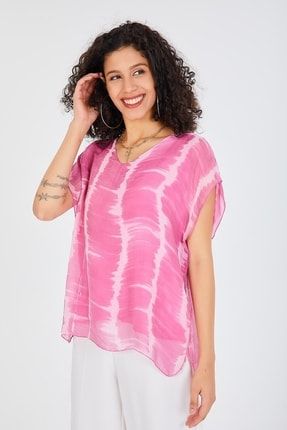 Kadın Pembe Italyan V Yaka Batik Desenli Ipek Bluz ITL22B9151