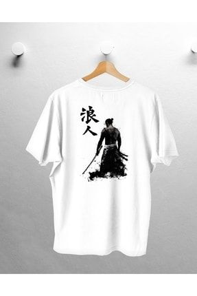 Unısex Samuray Desenli Beyaz Oversize Tshirt candelsam