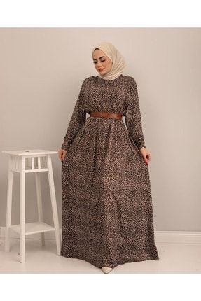 Kadın Kemerli Leopar Desenli Tesettür Elbise Elbise123