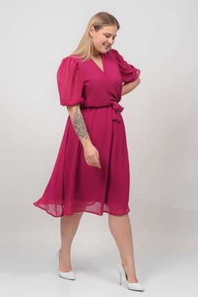 Kadın Kruvaze Yaka Büyük Beden Kuşaklı Şifon Elbise Btq064 BTQ064