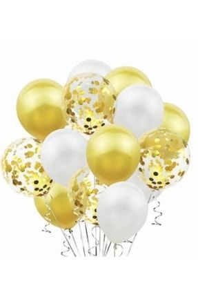 Metalik Gold Pastel Beyaz Gold Konfetili Şeffaf Balon Seti 15 Adet TPKT000003144