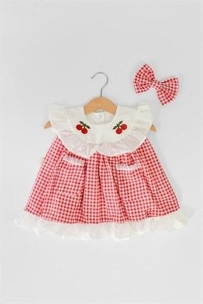 Kız Bebek Pötikareli Elbise Ve Bandana Kiraz Nakışlı Büyük Yakalı Cepli Baby1081