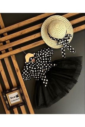 Kız Çocuk Siyah Puantiye Elbise Hasır Şapka Takım DM-876