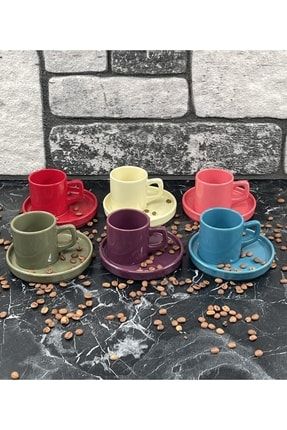 6 Kişilik Seramik Renkli Kahve Fincan Takımı Seti yz.kremayısık
