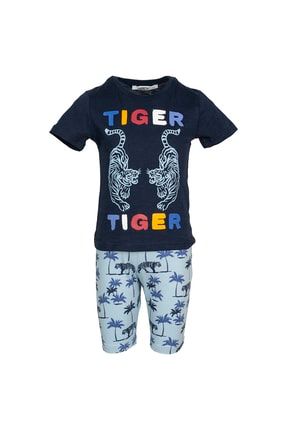 Erkek Çocuk Lacivert %100 Pamuk Kısa Kollu Sıfır Yaka Kaprili Pijama Takımı B0122Y027132