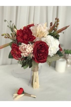 Yeni Sezon Soft Kırmızı Aranjman Gelin Çiçeği Gelin Buketi Ve Damat Yaka Çiçeği Özel Tasarım PaPartiBkt00029