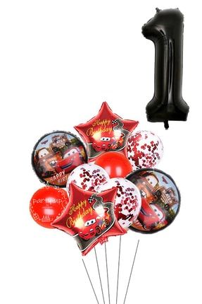 1 Yaş Siyah Rakam Balonlu Şimşek Mcqueen Balon Seti Arabalar (CARS) Konfetili Şeffaf Balon TYSMQ001