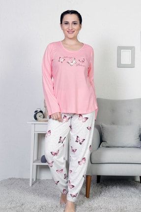 Pembe Kadın O Yaka U Kol Eteği Oval Dar Paça Büyük Beden Pijama Takım Edy3508p EDY3508P