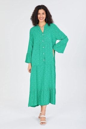 Yeşil Italyan Yarım Düğmeli Papatya Desenli Salaş Elbise ITL22EL915P