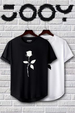 Unisex Siyah Beyaz Oval Kesim Gül Tasarım Tshirt 2'li Set 5646877487