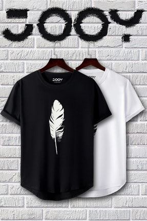 Unisex Siyah Beyaz Oval Kesim Tüy Tasarım Tshirt 2'li Set 574114630