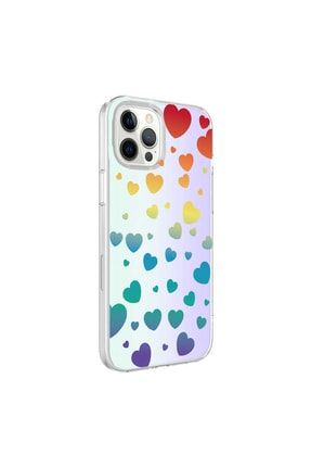 Iphone 12 Pro Uyumlu Kılıf Transparan Renkli Kalp Desenli Kapak M-BLue-iPhone-12-Pro