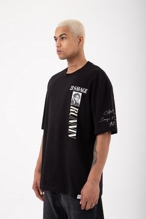 Oversize 21 Savage Baskılı Pamuklu T-shirt Siyah M1558
