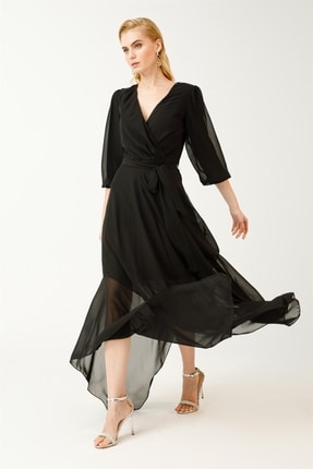 Kruvaze Yaka Asimetrik Şifon Elbise - Siyah 2S0051K1300