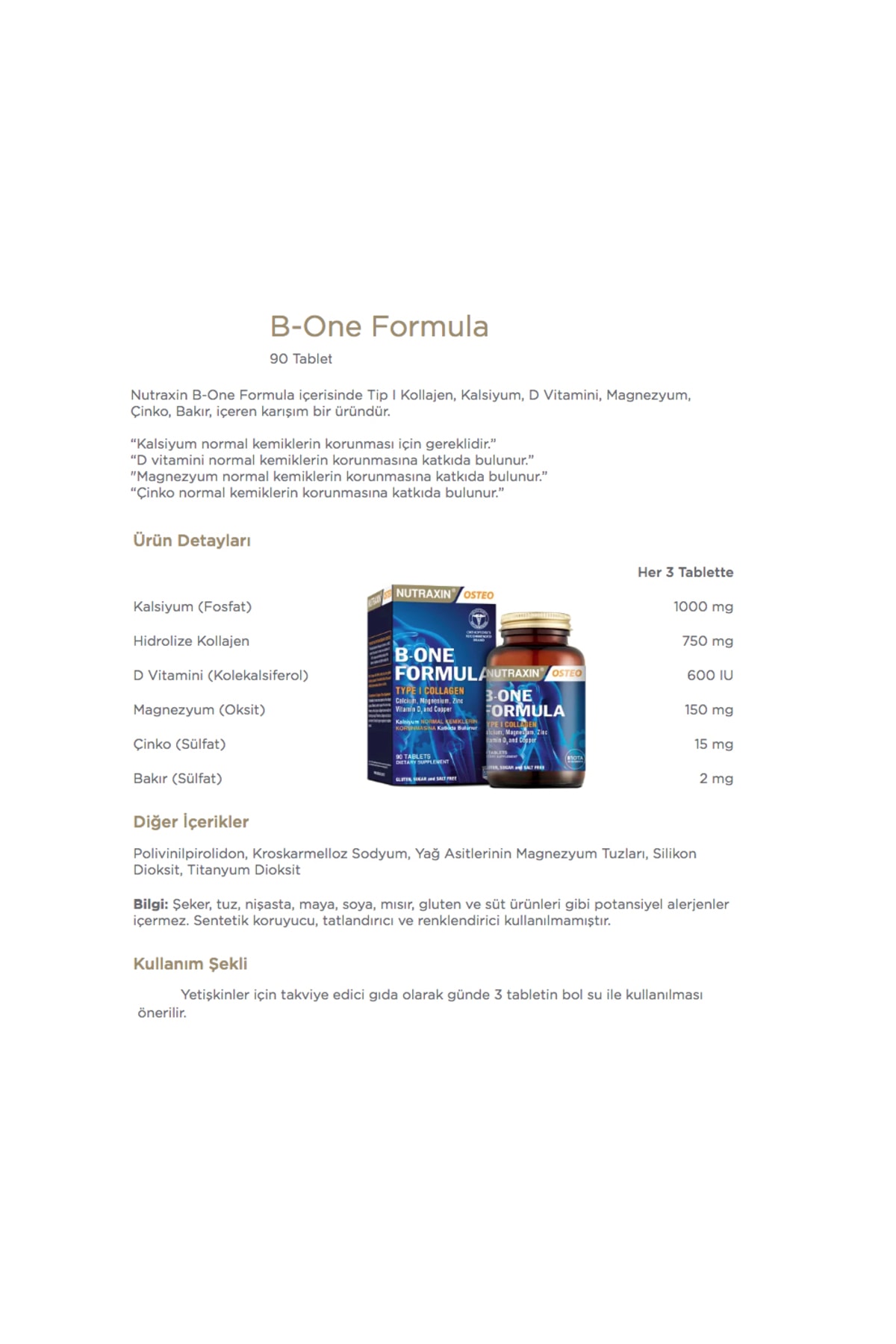 مکمل غذایی قرص B-one فرمول 90 حاوی کلاژن هیدرولیز شده (نوع 1)، منیزیم، روی، مس Nutraxin اورجینال - تصویر 2