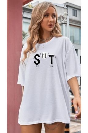 Kadın Beyaz Oversize Shit Baskılı T-shirt LEGIONSHT10123007