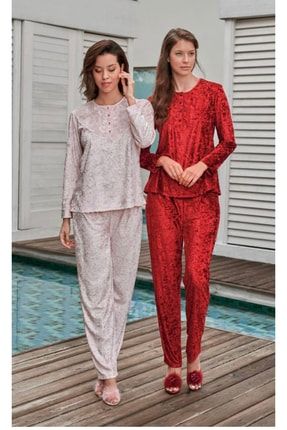 Kadife Önü Üç Düğmeli 2li Pijama Takım Vişne Rengi ASC10044