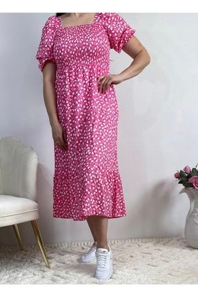 Pembe Desenli Kare Yaka Büzgülü Uzun Elbise 00000010